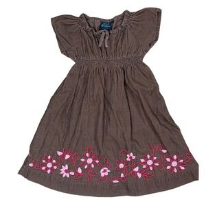 Mini Boden Girls Corduroy Dress Floral Embroidered Smocked 4-5Y Brown Boho Dress